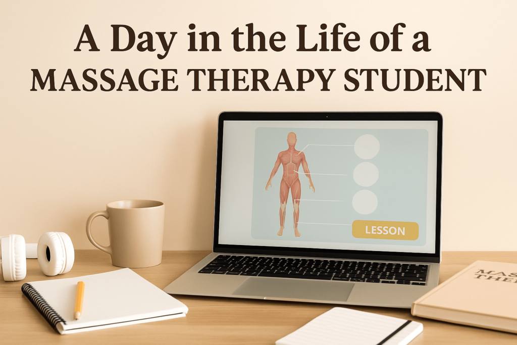 A cozy home workspace setup with a laptop, massage therapy textbooks, coffee mug, and notepad, featuring the text 'A Day in the Life of a Massage Therapy Student' to represent flexible online learning.
