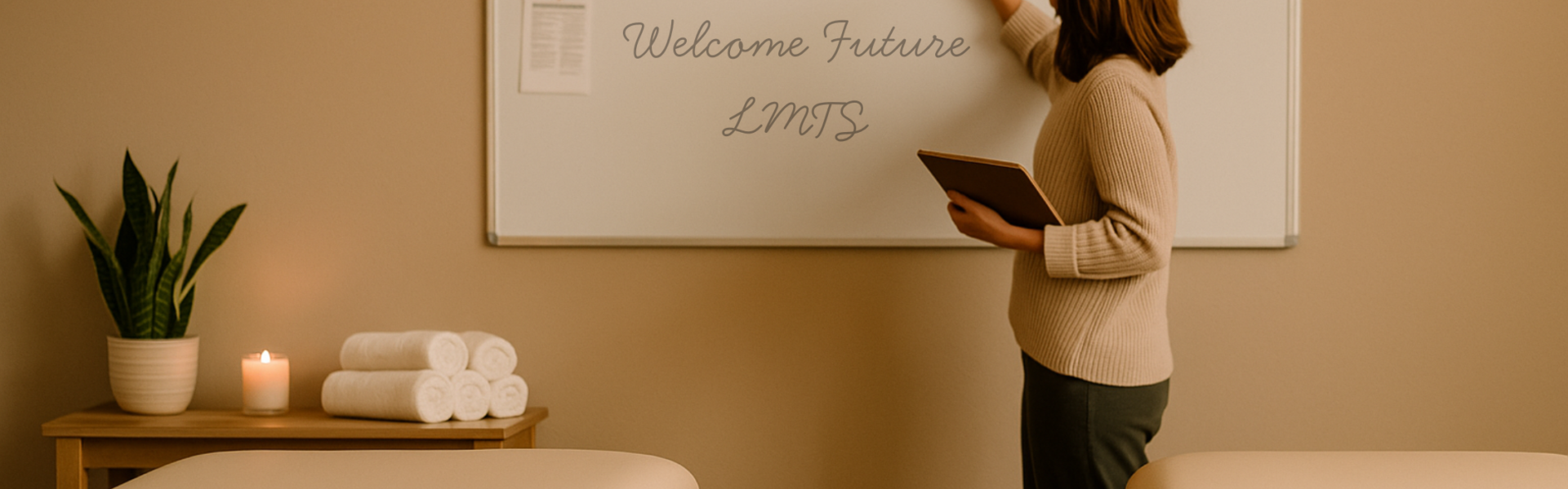 Massage therapy instructor writing on a whiteboard that says ‘Welcome Future LMTs’ in a warm classroom at Texas Massage Academy, with massage tables, rolled towels, a candle, and a potted plant creating a cozy and inviting atmosphere.