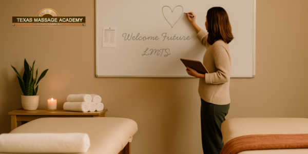 Massage therapy instructor writing on a whiteboard that says ‘Welcome Future LMTs’ in a warm classroom at Texas Massage Academy, with massage tables, rolled towels, a candle, and a potted plant creating a cozy and inviting atmosphere.