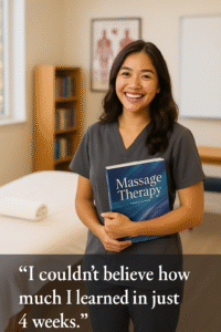 A student smiling in a massage room holding a massage book with the quote "I couldn't believe how much I learned in just 4 weeks"