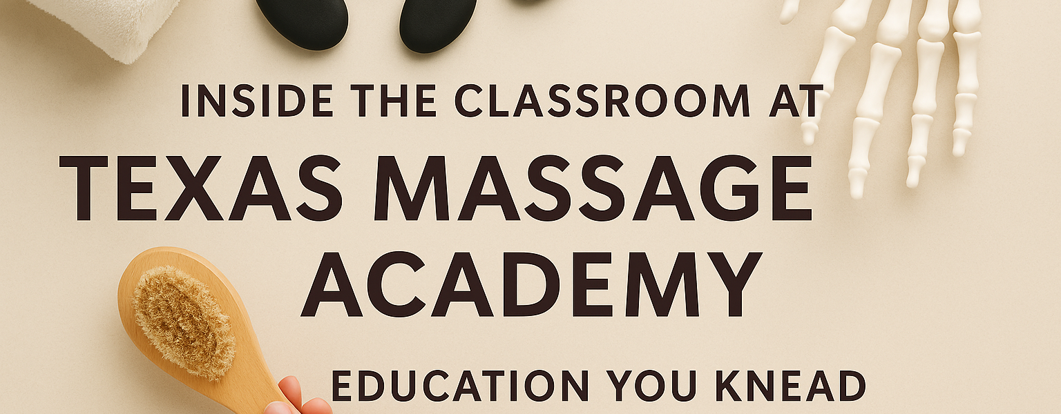 Promotional banner for Texas Massage Academy featuring a serene classroom scene with massage tables and students practicing techniques, overlaid with the headline 'Inside the Classroom at Texas Massage Academy' and the tagline 'Education You Knead.