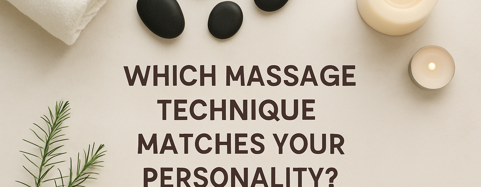 Flat lay of spa items including black massage stones, rolled towel, candles, and rosemary sprig on a beige background with centered text that reads: 'Which Massage Technique Matches Your Personality? Quiz.'