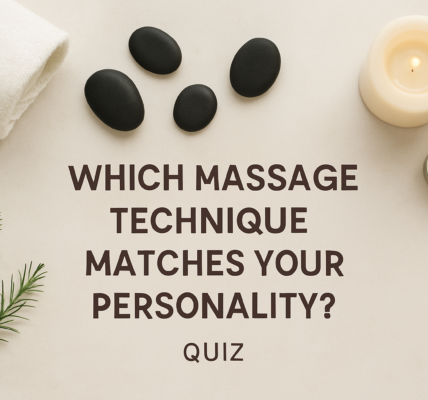 Flat lay of spa items including black massage stones, rolled towel, candles, and rosemary sprig on a beige background with centered text that reads: 'Which Massage Technique Matches Your Personality? Quiz.'