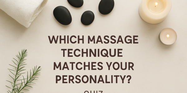 Flat lay of spa items including black massage stones, rolled towel, candles, and rosemary sprig on a beige background with centered text that reads: 'Which Massage Technique Matches Your Personality? Quiz.'