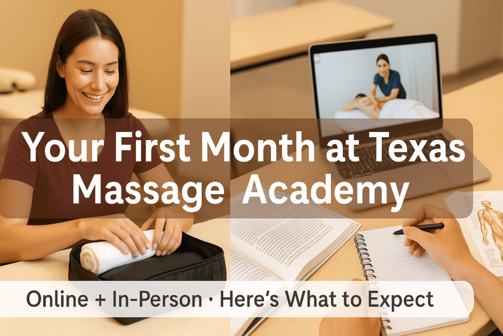 Infographic of a student packing her bag with sheets for class and one of her studying massage info online for class with the text: Your first month at Texas Massage Academy. Online + In Person - Here's what to expect