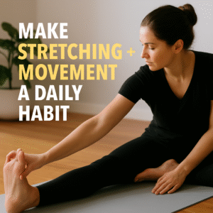 A woman in black workout clothes performs a seated forward bend stretch on a yoga mat. Bold yellow and white text on the left reads “Make Stretching + Movement a Daily Habit.” A plant sits in the background, and the room is softly lit.