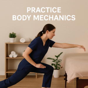 A massage therapy student in navy scrubs demonstrates proper body mechanics in a deep lunge next to a low massage table, arm extended straight. Text above reads “Practice Body Mechanics.”