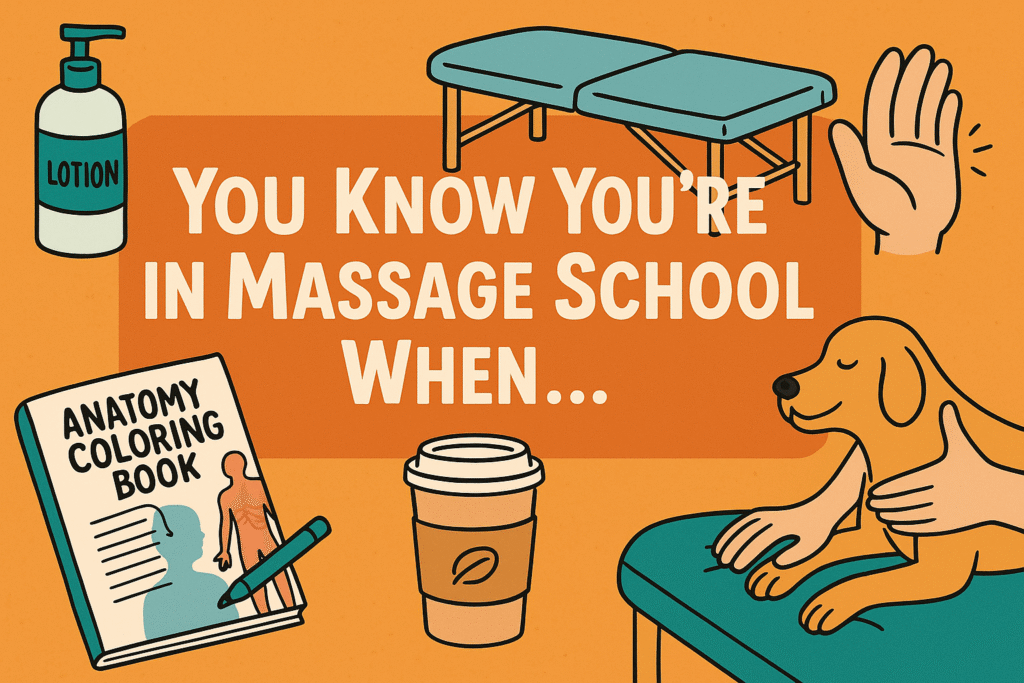 Cartoon-style illustration with the title âYou Know Youâre in Massage School WhenâŚâ surrounded by items like a lotion bottle, massage table, anatomy coloring book with pen, coffee cup, a raised tired hand, and a smiling dog receiving a massage.