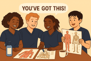 Cartoon-style illustration of four diverse massage therapy students in navy uniforms, smiling and studying anatomy charts together. One holds a diagram of muscles and bones, while another points at a skeletal chart. Text above reads âYOUâVE GOT THIS!â in a speech bubble.